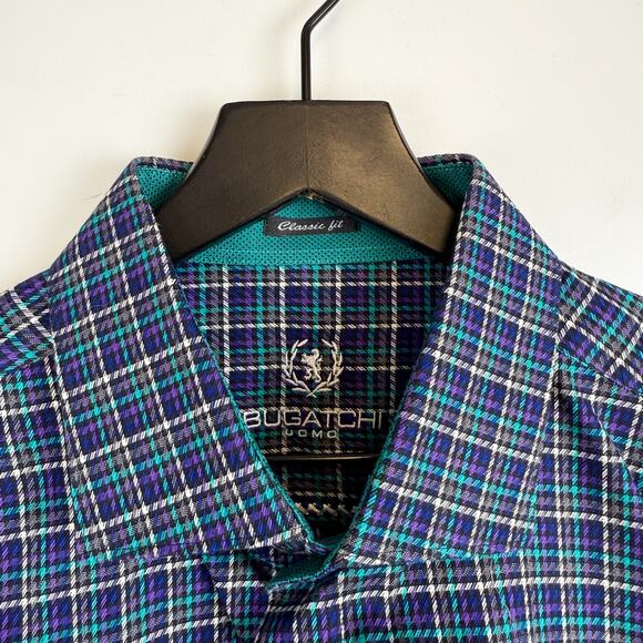 Bugatchi Blue Teal Purple Houndstooth Classic Fit Dress Shirt - 2XL XXL - Picture 4 of 8